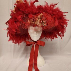 Elaborate Red Floral/Feather Derby Hat